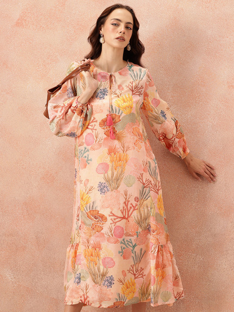 all about you Floral Printed Puff Sleeve A-Line Midi Dress