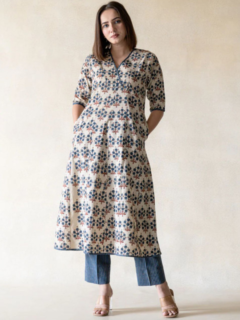 Shivaradhya Designers Floral Printed Panelled Pure Cotton A-Line Kurta With Trouser