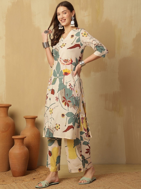 Anouk Cream Floral printed V-Neck Pure Cotton Kurta With Palazzos