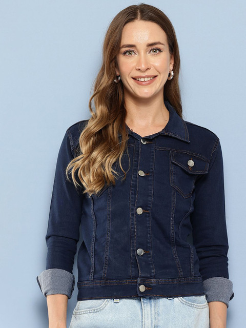 The Roadster Lifestyle Co. Women Spread Collar Solid Denim Casual Windcheater Denim Jacket