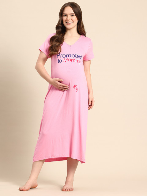Blush 9 Typography Printed Maternity And Feeding Maxi Nightdress