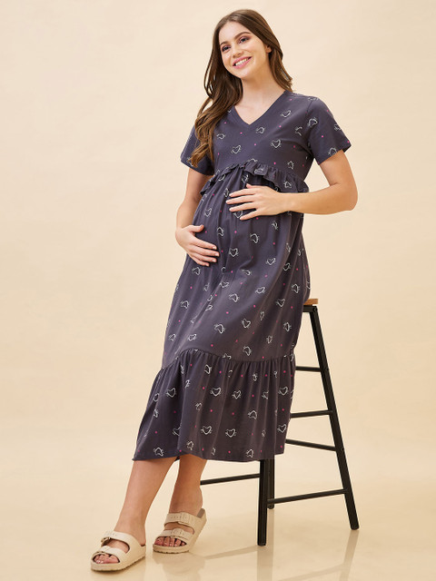 AV2 Printed Pure Cotton Short Nighty Feeding Dress