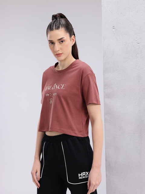 HRX by Hrithik Roshan Typography Print Drop-Sleeves Pure Cotton Crop Boxy Fit Yoga T-shirt - Image 4