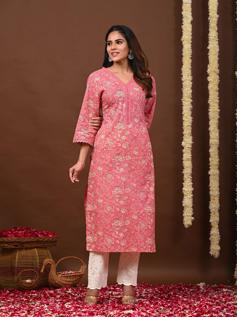 Rimeline Floral Printed V-Neck Pure Cotton Straight Kurtas - Image 6