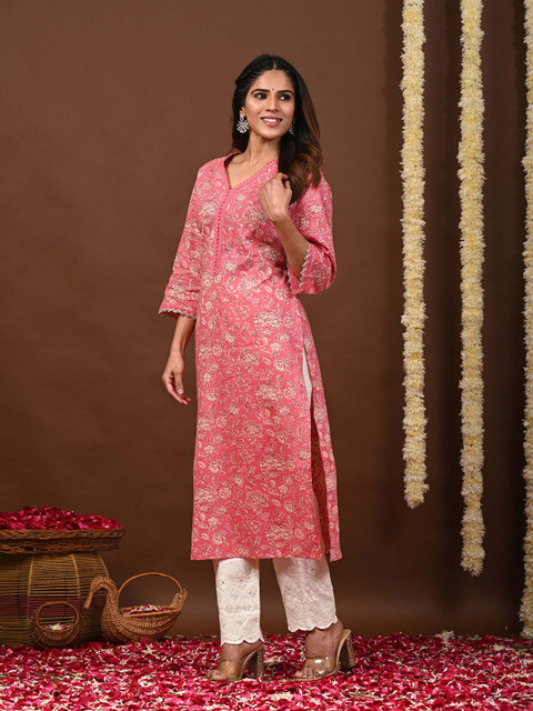 Rimeline Floral Printed V-Neck Pure Cotton Straight Kurtas - Image 4