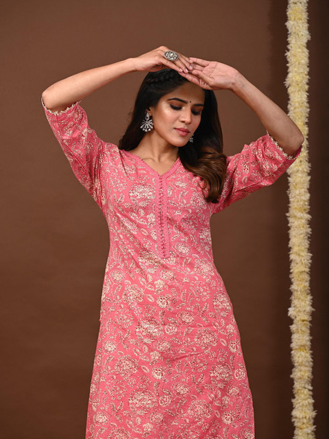 Rimeline Floral Printed V-Neck Pure Cotton Straight Kurtas - Image 7