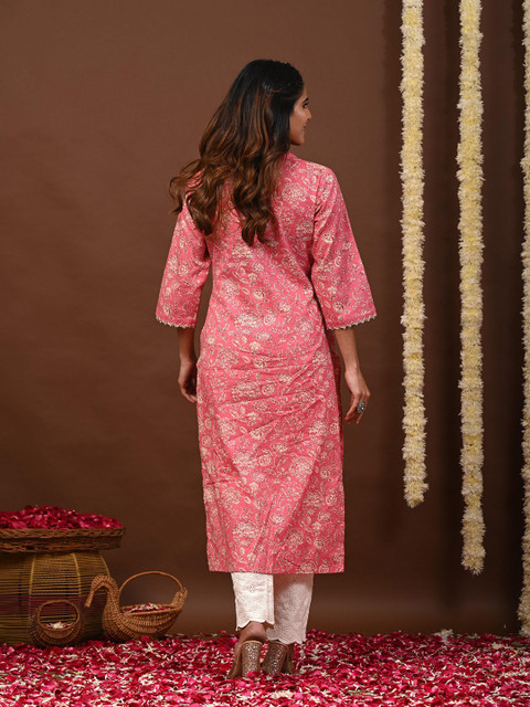 Rimeline Floral Printed V-Neck Pure Cotton Straight Kurtas - Image 5
