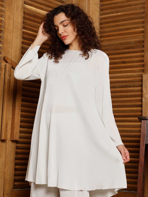 QISSA Striped Boat Neck A-Line Kurta with Trousers