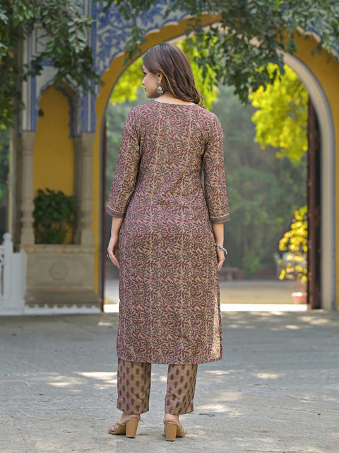KALINI Floral Printed V Neck Gotta Patti Straight Kurta With Trousers & Dupatta - Image 5