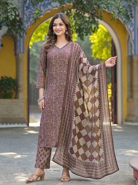 KALINI Floral Printed V Neck Gotta Patti Straight Kurta With Trousers & Dupatta - Image 6