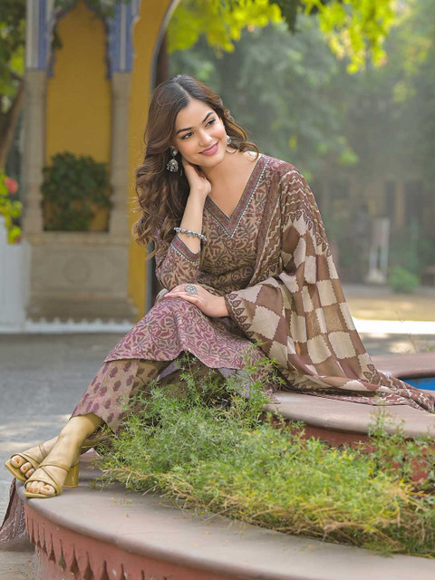 KALINI Floral Printed V Neck Gotta Patti Straight Kurta With Trousers & Dupatta - Image 7
