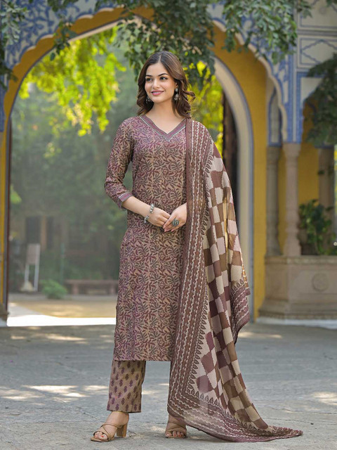 KALINI Floral Printed V Neck Gotta Patti Straight Kurta With Trousers & Dupatta - Image 2