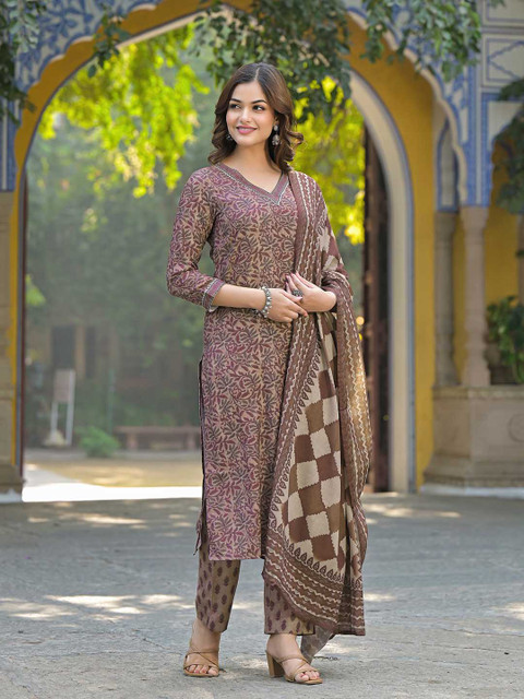 KALINI Floral Printed V Neck Gotta Patti Straight Kurta With Trousers & Dupatta - Image 4