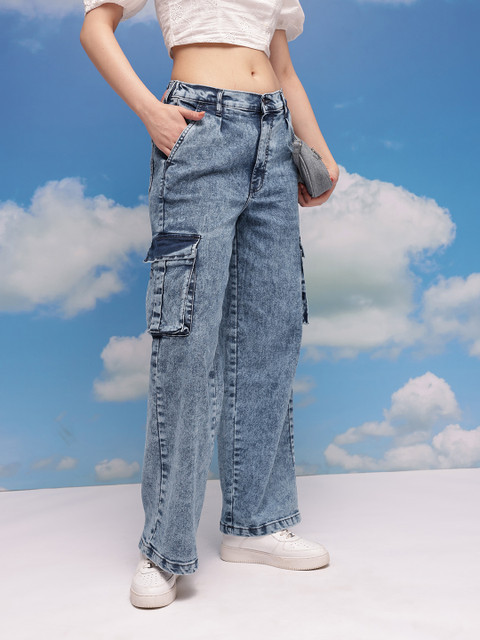 CORSICA Women Baggy Wide Leg Mid-Rise Acid Wash Stretchable Cargo Jeans