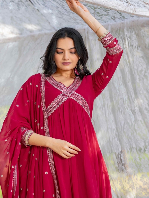 TextileNow Floral Yoke Design Empire Georgette Alia Cut Kurta With Trouser & Dupatta - Image 2