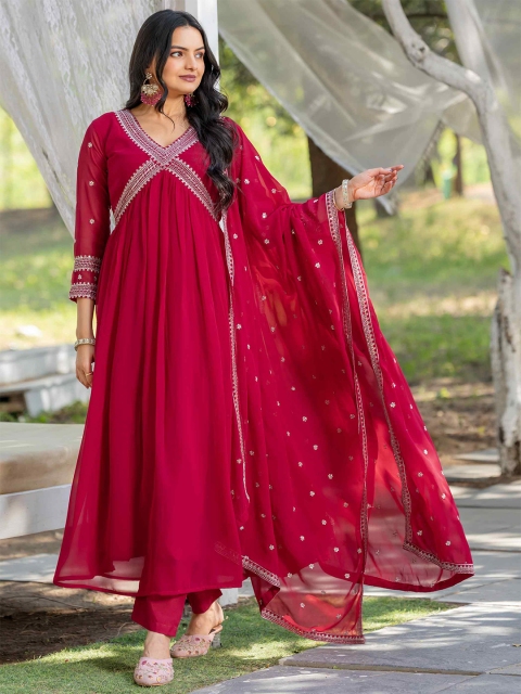 TextileNow Floral Yoke Design Empire Georgette Alia Cut Kurta With Trouser & Dupatta - Image 5