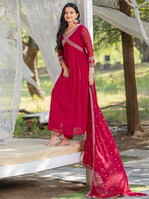 TextileNow Floral Yoke Design Empire Georgette Alia Cut Kurta With Trouser & Dupatta - Image 7