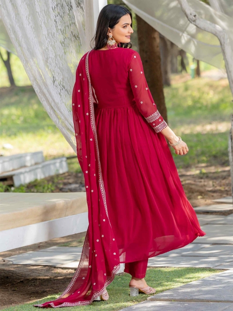 TextileNow Floral Yoke Design Empire Georgette Alia Cut Kurta With Trouser & Dupatta - Image 4