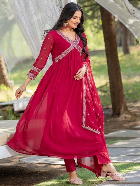 TextileNow Floral Yoke Design Empire Georgette Alia Cut Kurta With Trouser & Dupatta - Image 3
