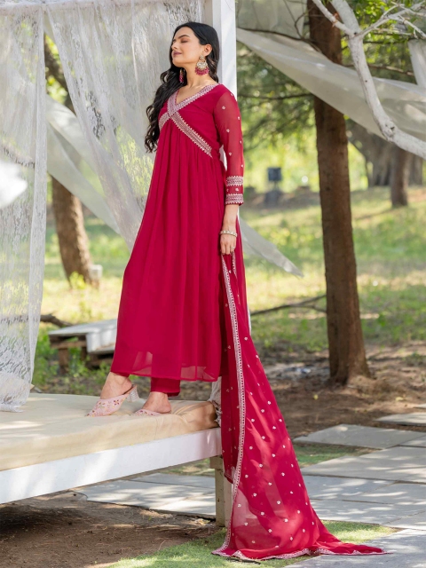 TextileNow Floral Yoke Design Empire Georgette Alia Cut Kurta With Trouser & Dupatta - Image 6