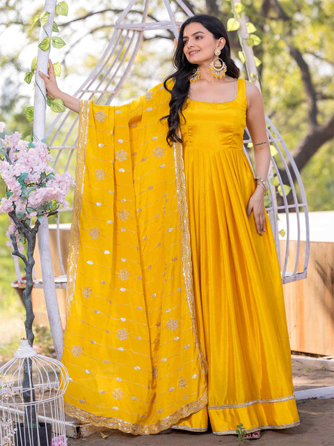 TextileNow Women Chinon Gown With Embroidered Dupatta Ethnic Dress Set