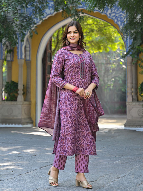 KALINI Floral Printed Notch Neck Gotta Patti Straight Kurta With Trousers & Dupatta - Image 4