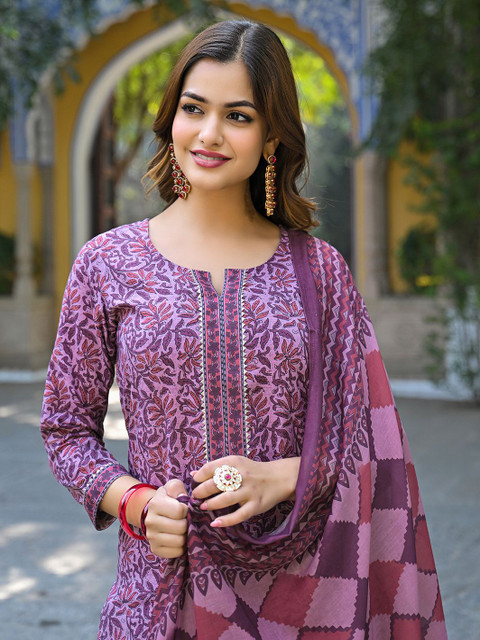 KALINI Floral Printed Notch Neck Gotta Patti Straight Kurta With Trousers & Dupatta - Image 3