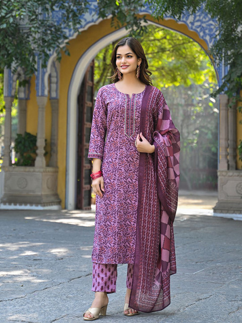 KALINI Floral Printed Notch Neck Gotta Patti Straight Kurta With Trousers & Dupatta - Image 2