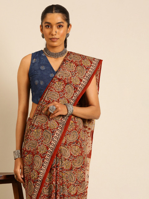 Taavi Kalamkari Pure Cotton Handloom Hand Block Print Saree