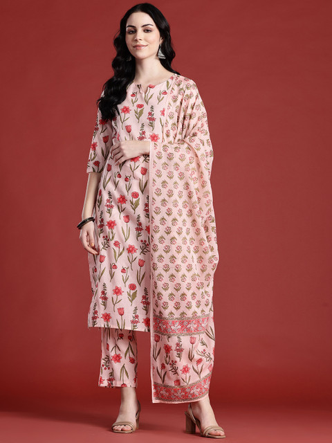Anouk Floral Printed Pure Cotton Kurta with Trousers & With Dupatta