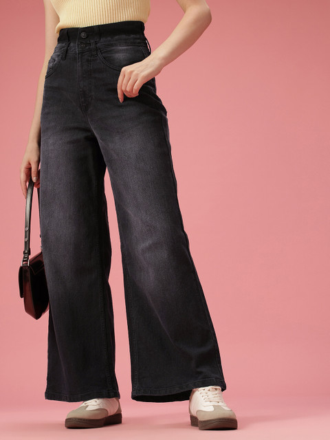 DressBerry Women Baggy Wide Leg High-Rise Light Fade Stretchable Jeans