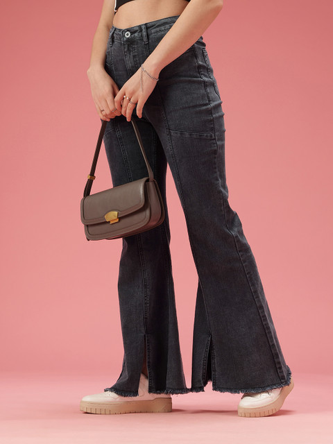 DressBerry Women Flared Light Fade Stretchable Jeans With Front Slit