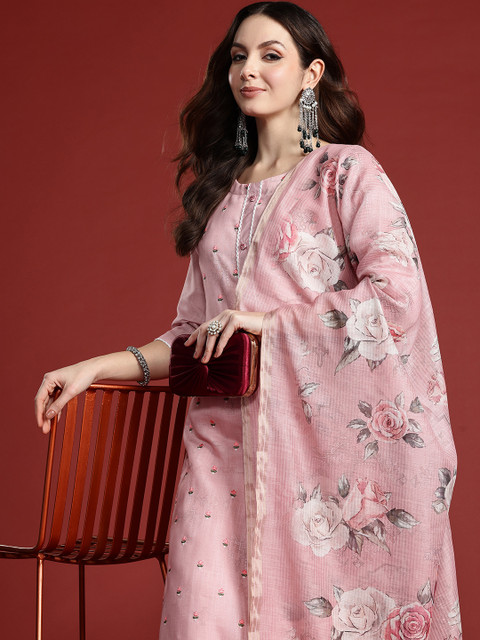 Indo Era Floral Embroidered Thread Work Linen Kurta with Trousers & With Dupatta