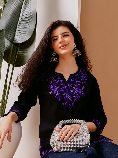 FEMBLISS Ethnic Floral Embroidered Notch Neck Pure Cotton Kurti