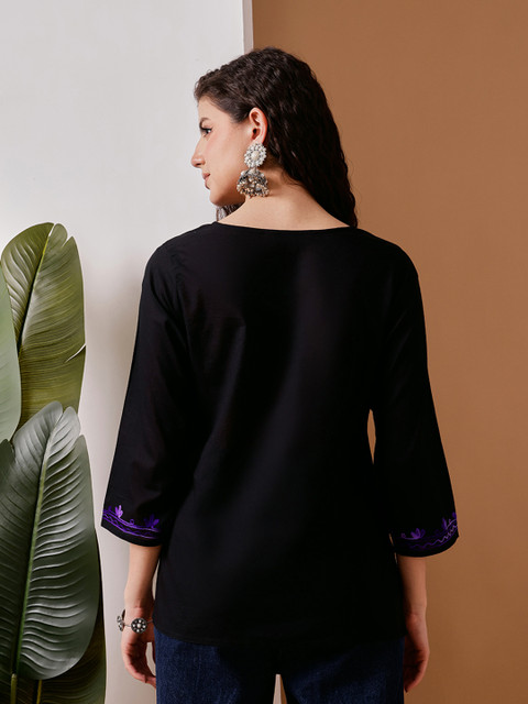 FEMBLISS Ethnic Floral Embroidered Notch Neck Pure Cotton Kurti - Image 5