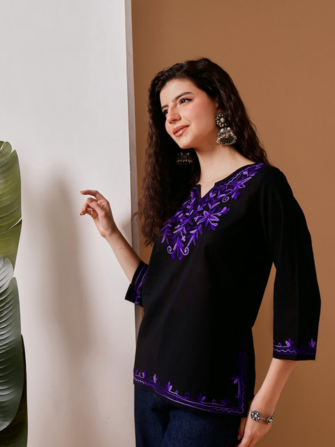 FEMBLISS Ethnic Floral Embroidered Notch Neck Pure Cotton Kurti - Image 4