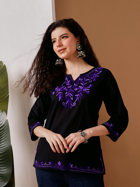 FEMBLISS Ethnic Floral Embroidered Notch Neck Pure Cotton Kurti - Image 2