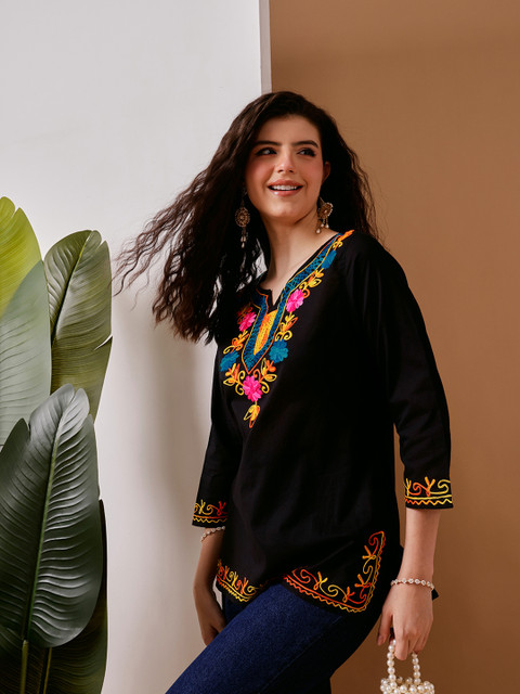 FEMBLISS Ethnic Floral Embroidered Notch Neck Pure Cotton Kurti