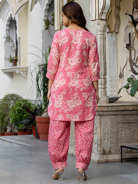 Anouk Pink And White Floral Printed Mandarin Collar Pure Cotton Top With Trouser - Image 3