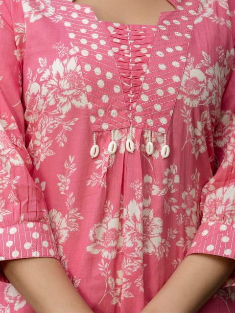 Anouk Pink And White Floral Printed Mandarin Collar Pure Cotton Top With Trouser - Image 2