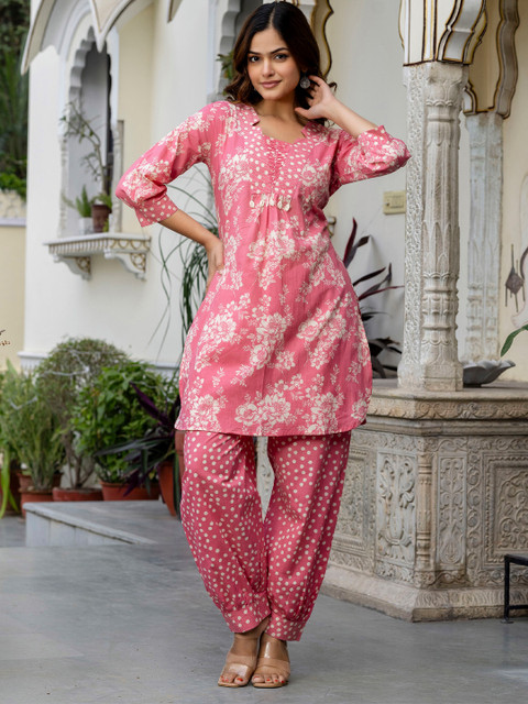 Anouk Pink And White Floral Printed Mandarin Collar Pure Cotton Top With Trouser - Image 4