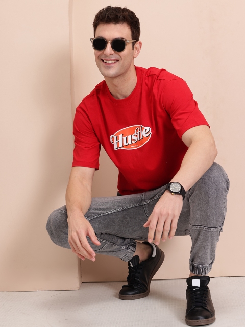 Mast & Harbour Men Typography Printed Drop-Shoulder Sleeves Pure Cotton T-shirt