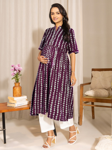 Janasya Women's Wine Pure Cotton Geometric Printed A-line Maternity Kurta