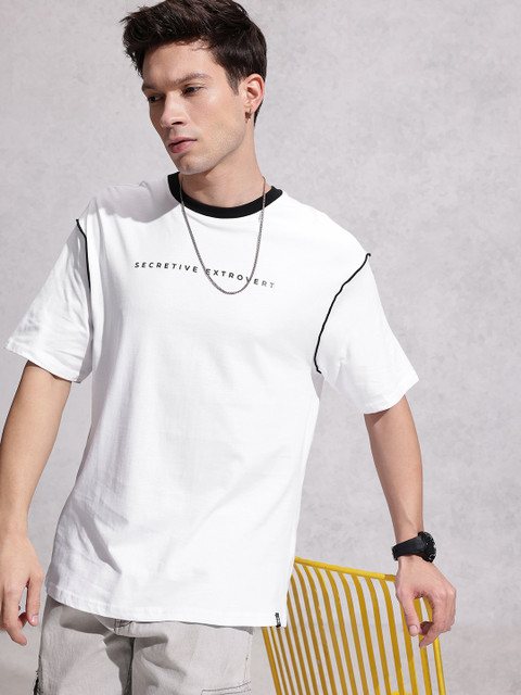 WROGN Typography Printed Drop-Shoulder Sleeves Monochrome Pure Cotton Oversized T-shirt