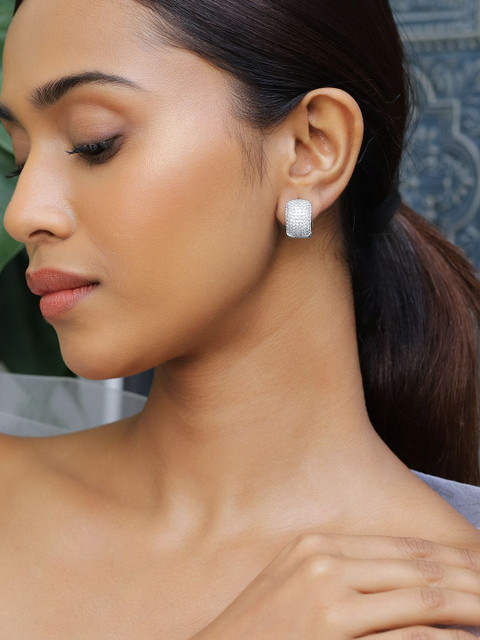 Rubans Rhodium Plated Cubic Zirconia Studded Hoop Earrings