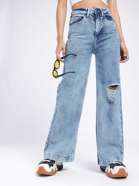 glitchez Women Wide Leg Distressed Heavy Fade Jeans
