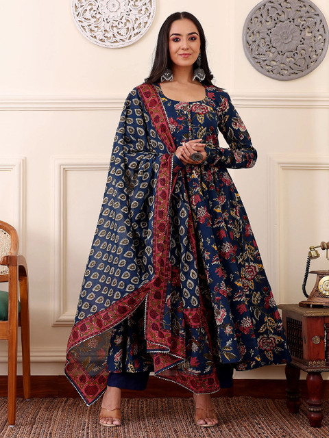 KALINI Floral Printed Anarkali Kurta With Trousers And Dupatta