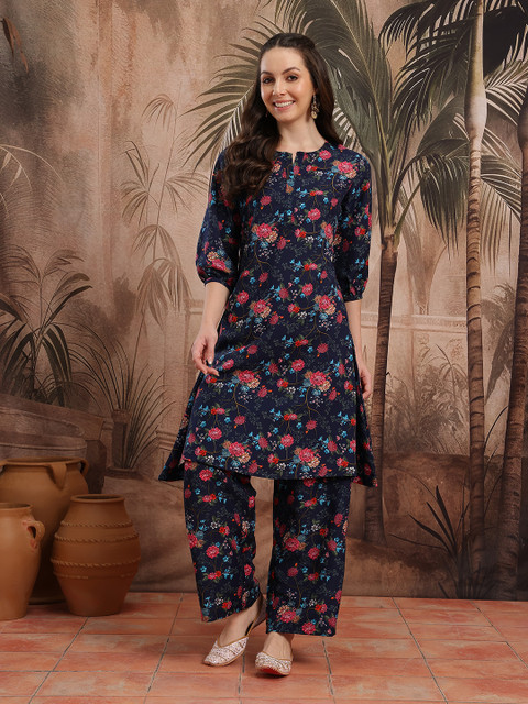 Sangria Floral Print Puff Sleeve Kurta with Trousers