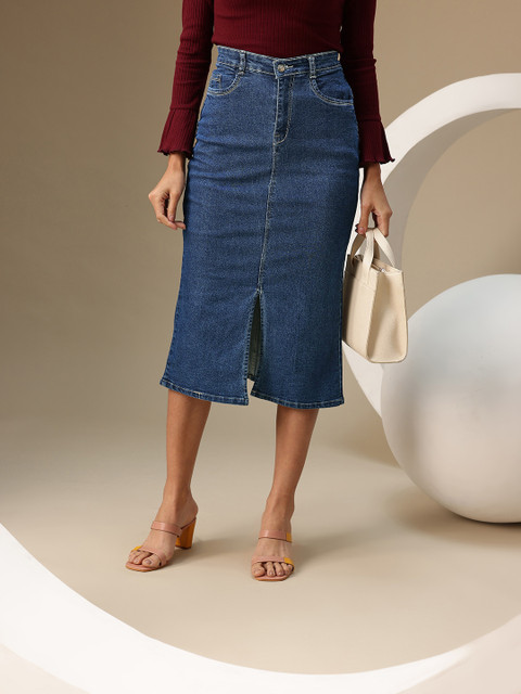 Chemistry Women Denim Pure Cotton Midi Skirt with Front Slit