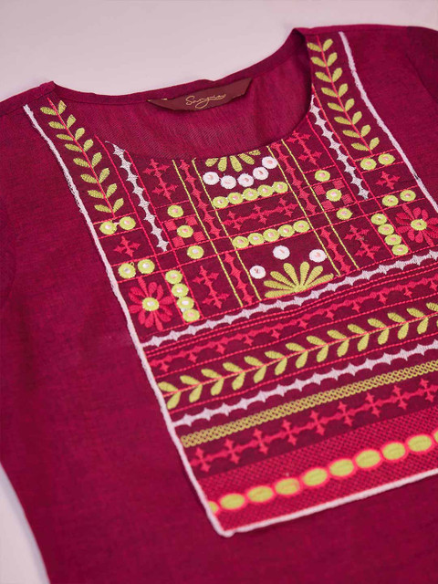 Sangria Maroon Floral Yoke Design Embroidered Pure Cotton Straight Kurta - Image 7